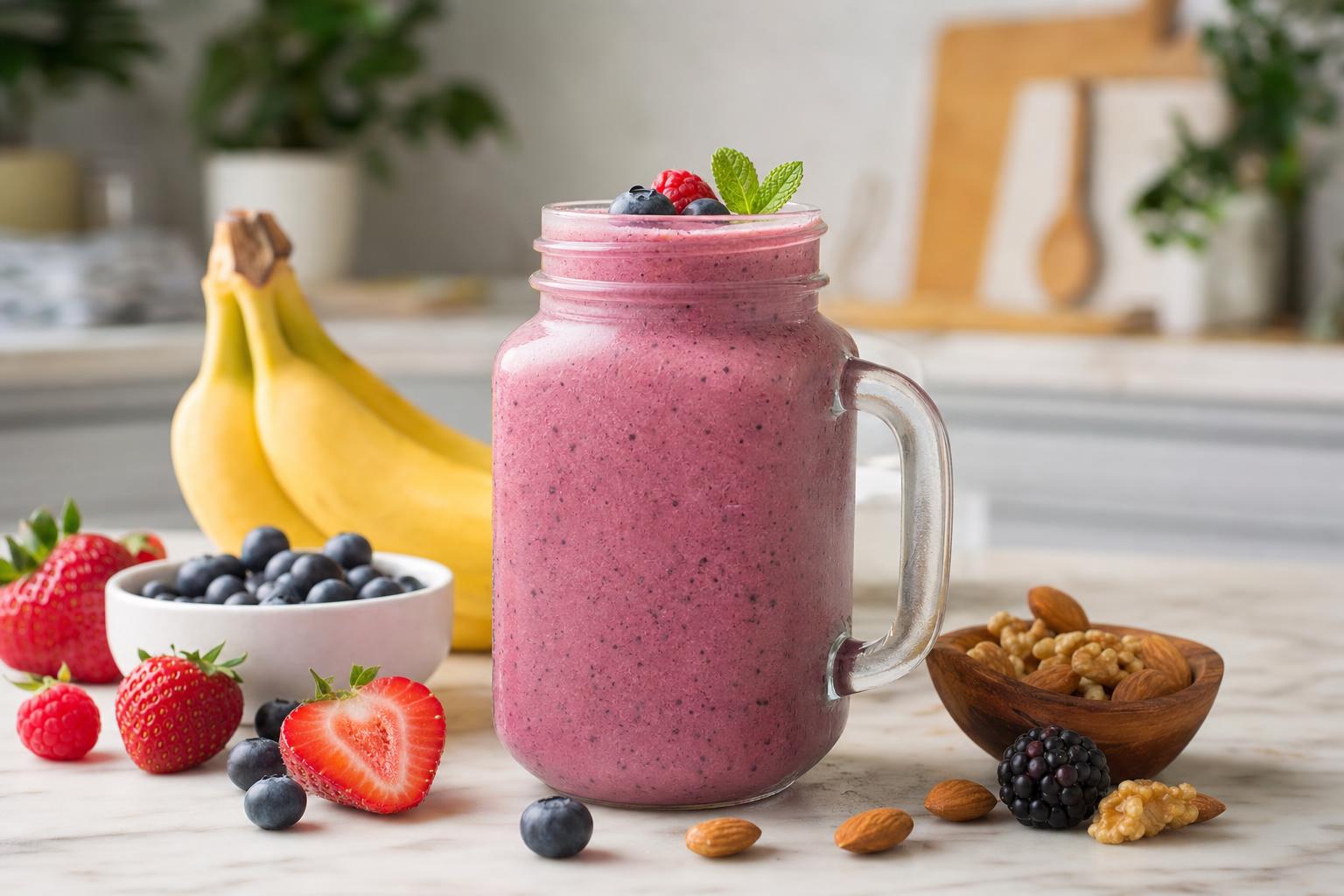 A delicious-looking high-protein smoothie in a mason jar, surrounded by fresh fruits and nuts on a kitchen counter