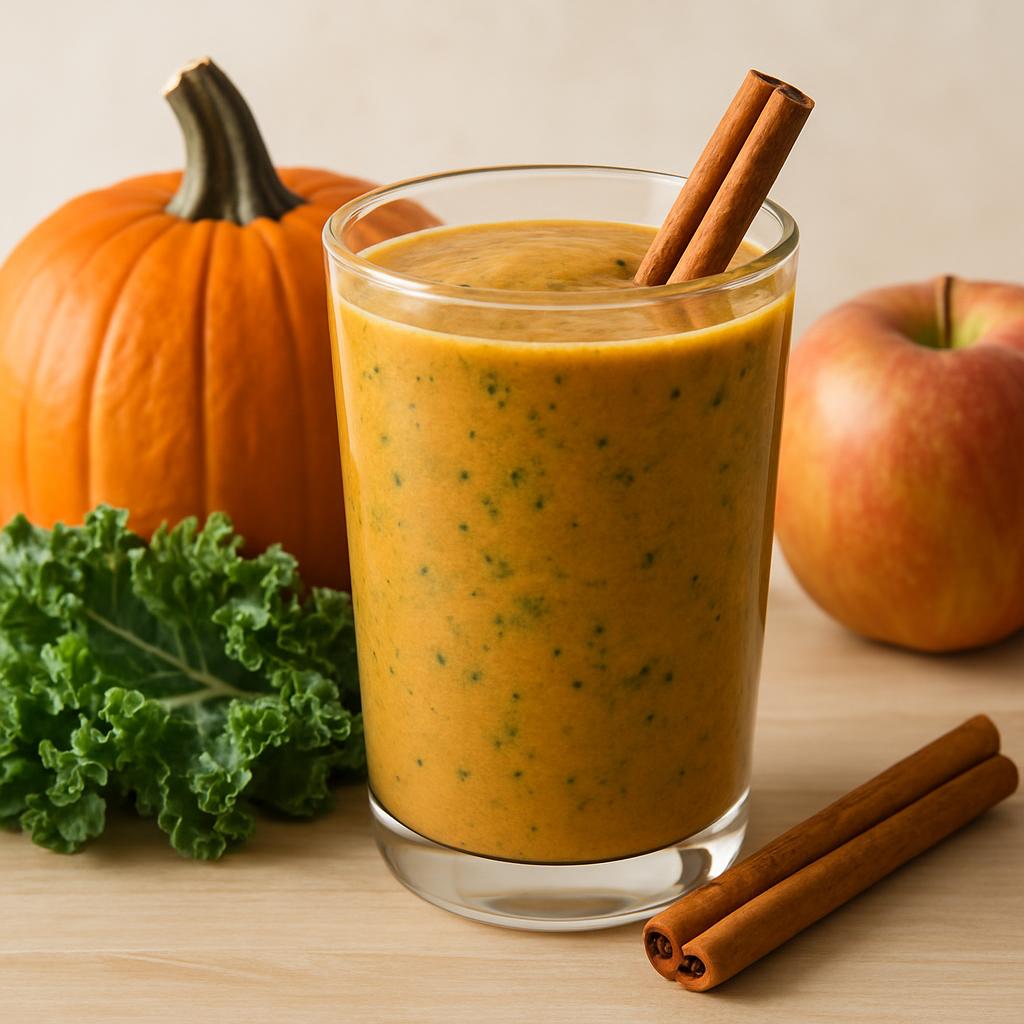 A vibrant fall smoothie with pumpkin, kale, and apple in a clear glass with a cinnamon stick on top