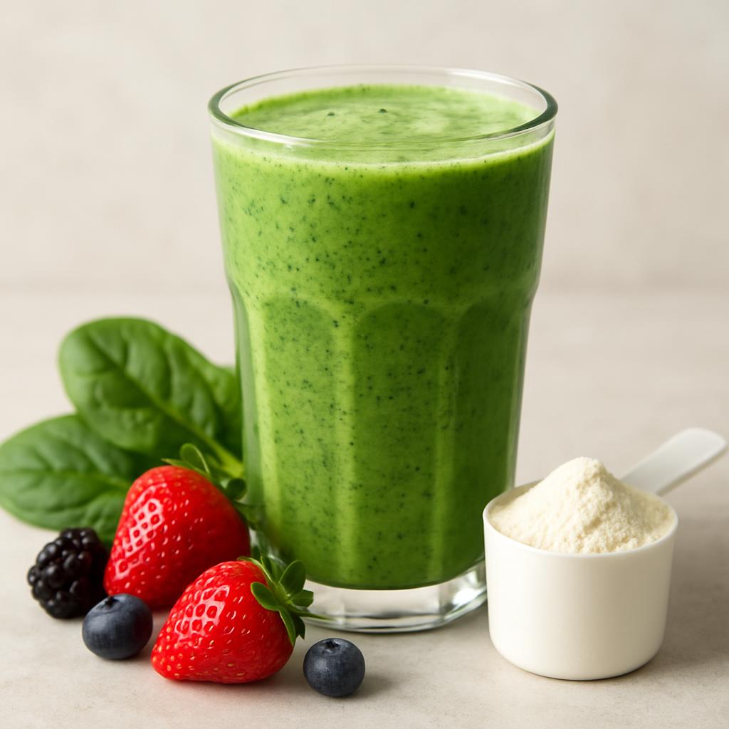 A vibrant high-protein smoothie with spinach, berries, and a scoop of protein powder