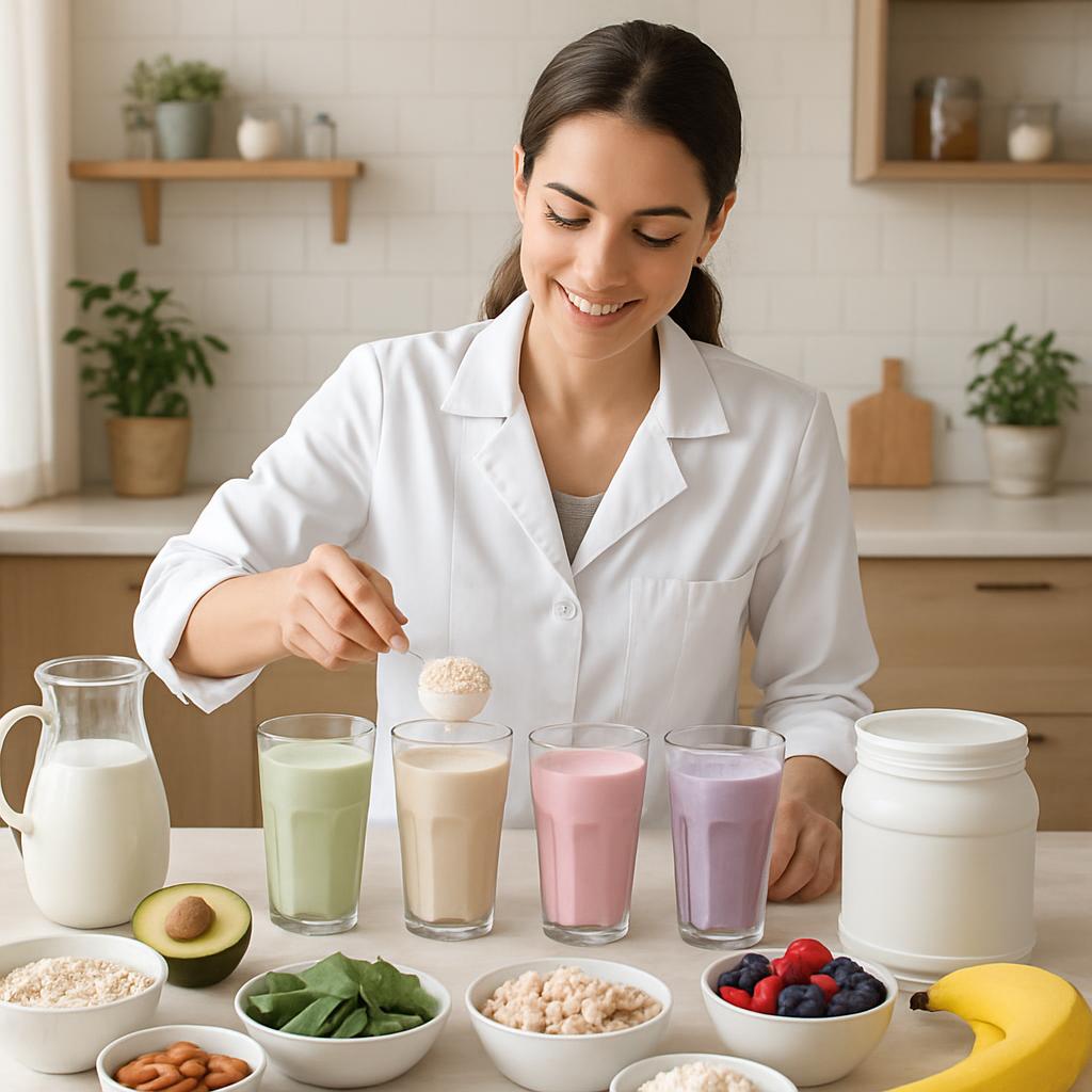 A nutritionist preparing a diverse range of protein smoothies with ingredients laid out